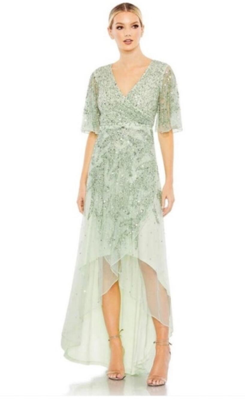 Mac Duggal Sage Green Chiffon Beaded Hi Lo Prom Bridal Gown Size 10 Style 93681